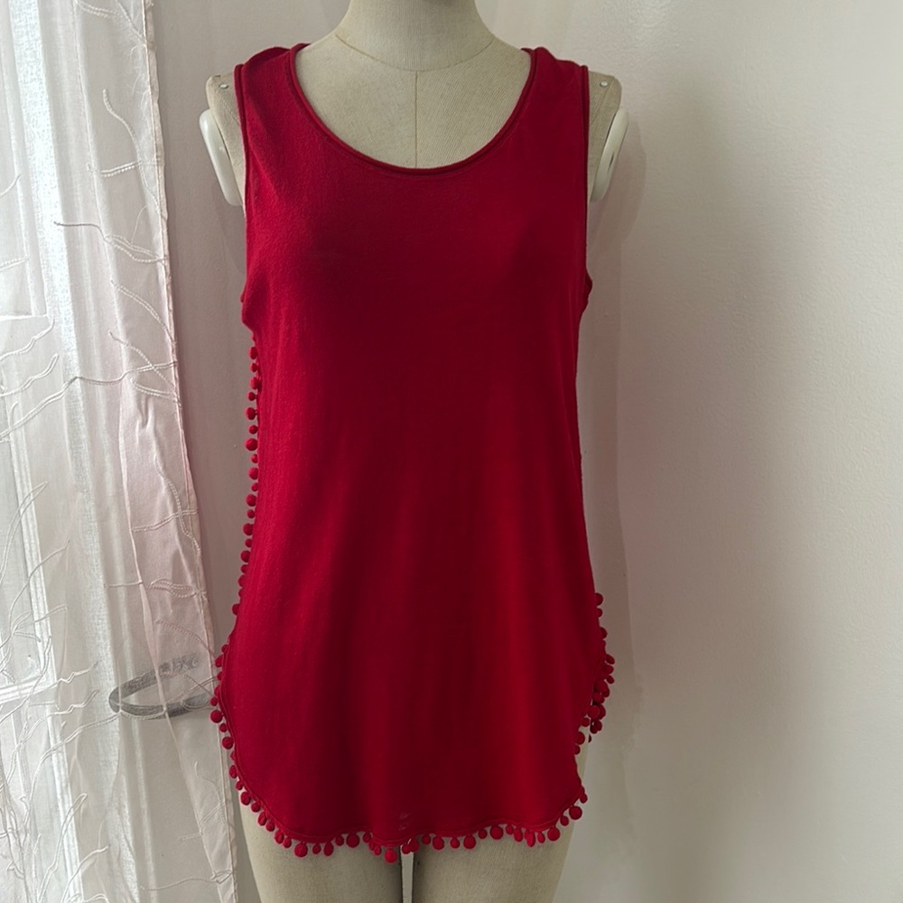 Nick+Zoe Red Sleeveless Top with Pom-Pom Trim
